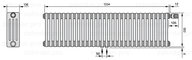 Схема (чертеж) Радиатор Zehnder Charleston 4055/29 №V008 Белый глянцевый RAL 9016